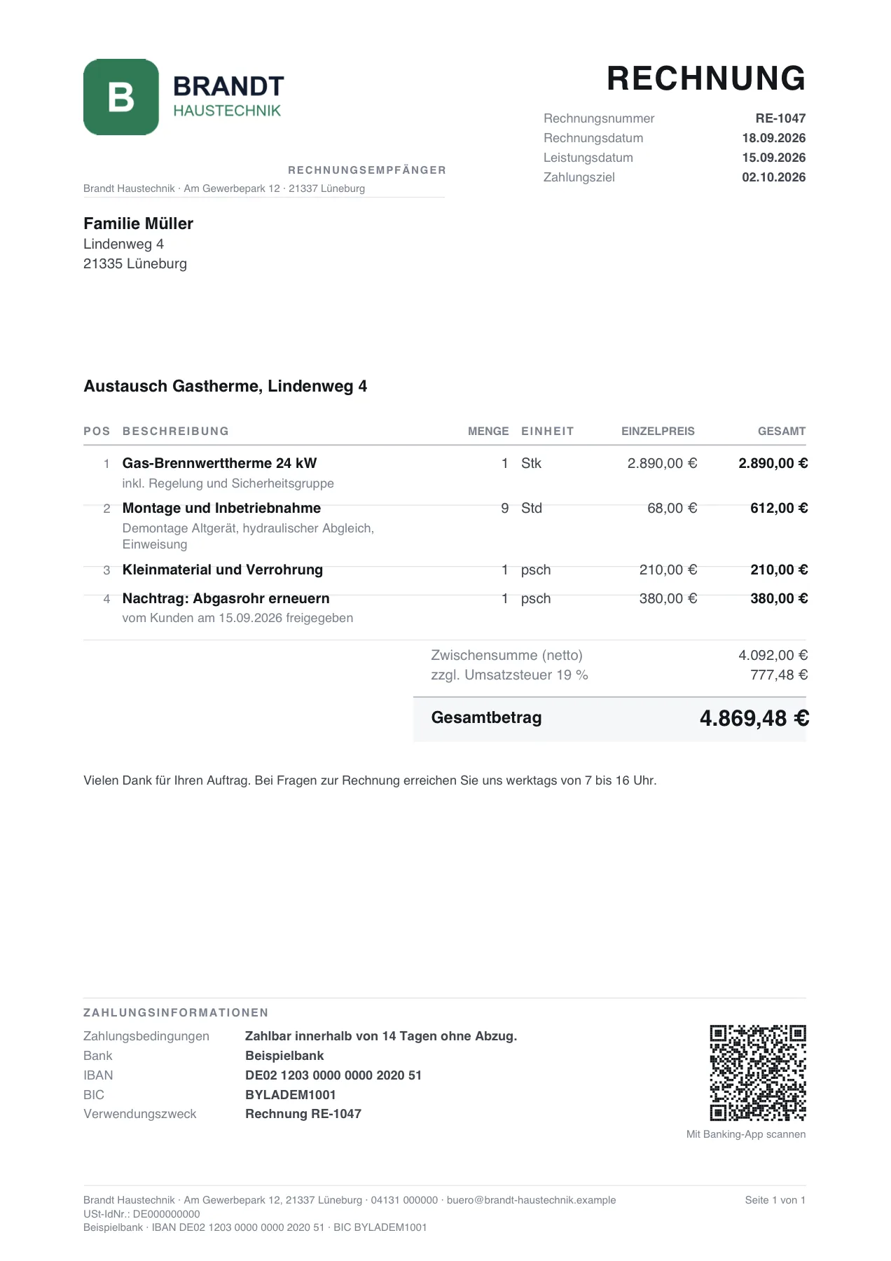 Rechnung RE-1047 von Brandt Haustechnik an Familie Müller: vier Positionen inklusive freigegebenem Nachtrag, Gesamtbetrag 4.869,48 €, Zahlungsinformationen mit GiroCode.